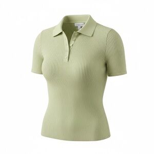 Calvin Klein Jeans Ribbed Knit Polo Top Sage Green Fitted Short Sleeve Size M